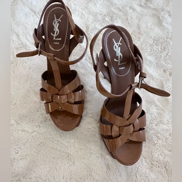 Saint Laurent Tribute Platform Sandals Dark Tan Beige Patent Authentic 38.5 - Picture 5 of 16